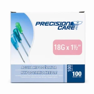 Aguja Hipodérmica 18G x 1 1/2" (1.20 mm x 38 mm) para administración intramuscular y reconstitución de medicamentos