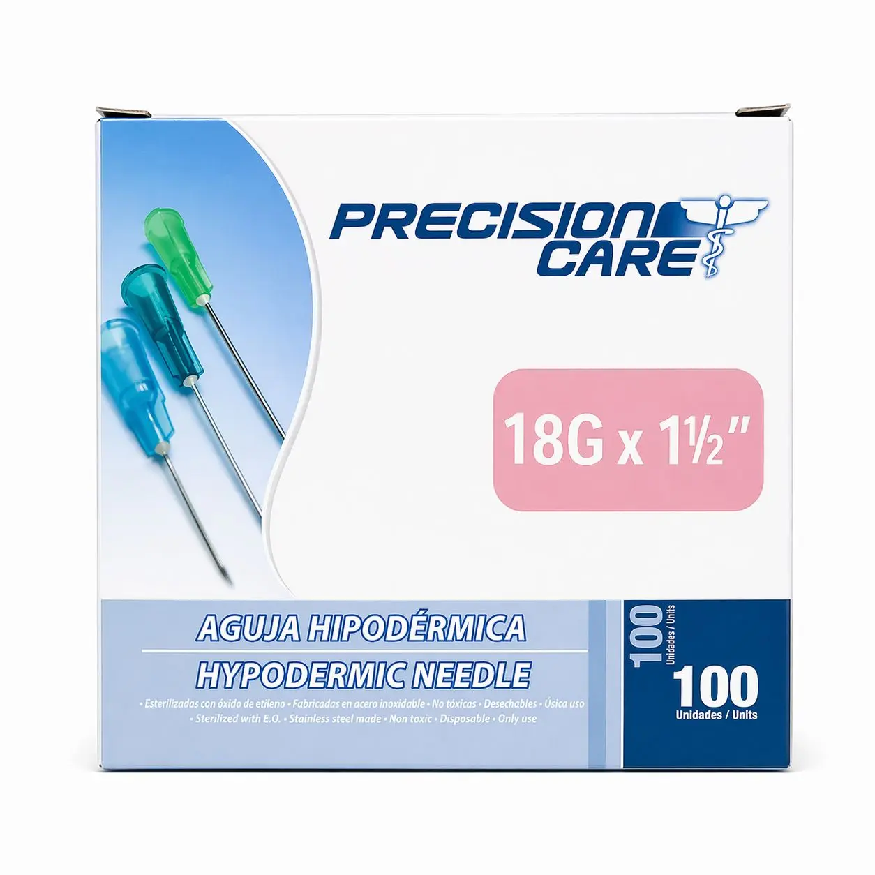 Aguja Hipodérmica 18G x 1 1/2" (1.20 mm x 38 mm) para administración intramuscular y reconstitución de medicamentos