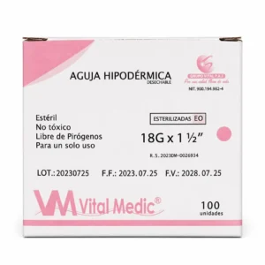 Aguja Hipodérmica 18G x 1 1/2" (1.20 mm x 38 mm) para administración intramuscular profunda y reconstitución de medicamentos