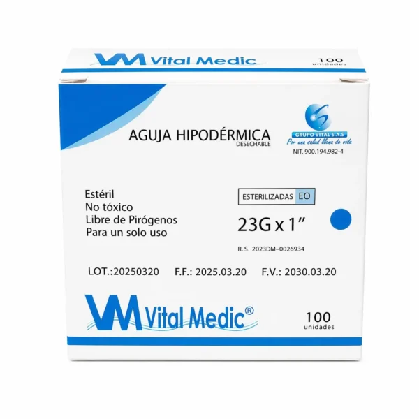 Aguja Hipodérmica 23G x 1" (0.60 mm x 25 mm) para administración intramuscular