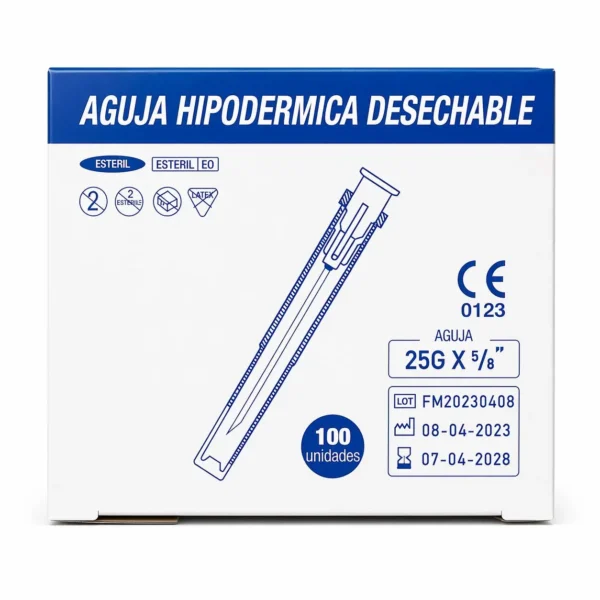 Aguja Hipodérmica 25G x 5/8" (0.50 mm x 16 mm) para administración subcutánea de insulina