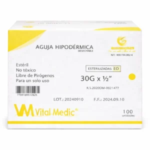Aguja Hipodérmica 30G x 1/2" (0.30 mm x 13 mm) ultrafina para administración subcutánea de insulina y biológicos