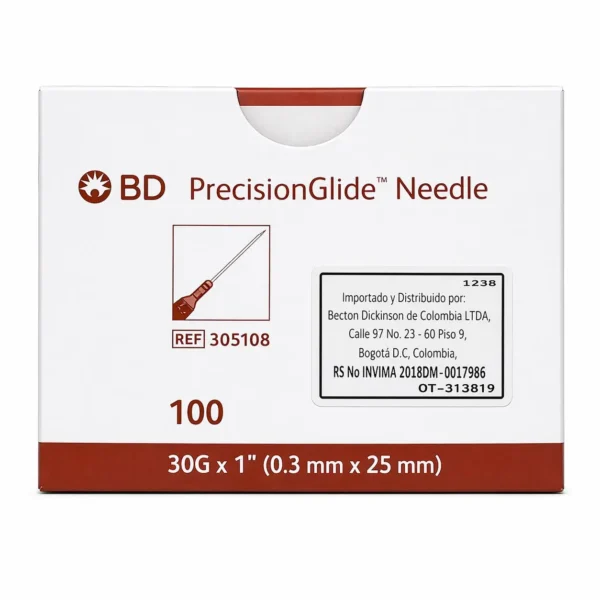 Aguja Hipodérmica 30G x 1" (0.30 mm x 25 mm) ultrafina para administración subcutánea profunda en pacientes con mayor tejido subcutáneo