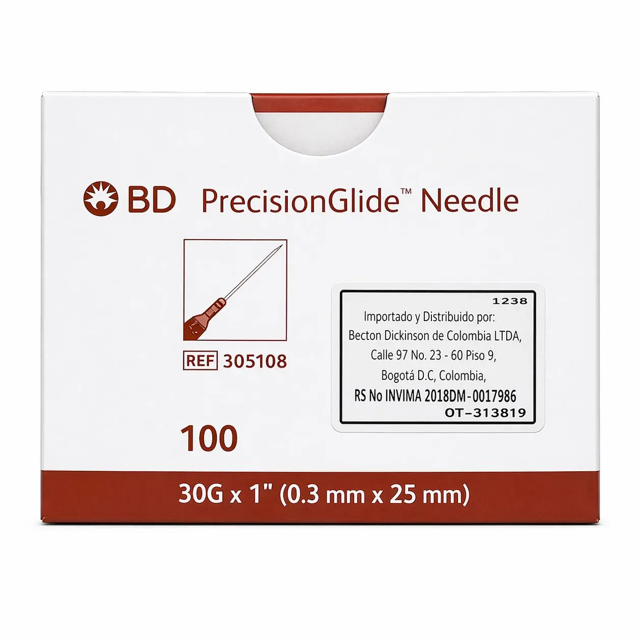 Aguja Hipodérmica 30G x 1" (0.30 mm x 25 mm) ultrafina para administración subcutánea profunda en pacientes con mayor tejido subcutáneo