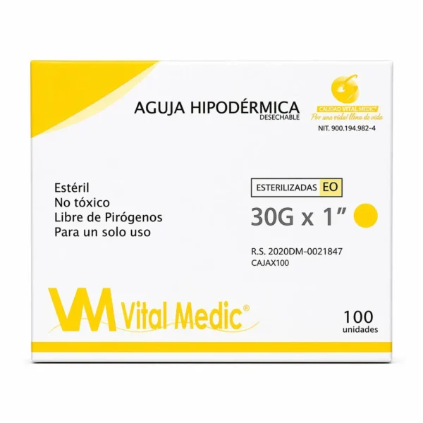 Aguja Hipodérmica 30G x 1" (0.30 mm x 25 mm) ultrafina para administración subcutánea profunda en pacientes con mayor tejido subcutáneo