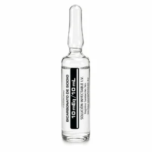 Bicarbonato de Sodio Solución Inyectable 10 mEq / 10 mL alcalinizante para acidosis metabólica y paro cardiorrespiratorio — Marca Farmionni, caja x 10 ampollas
