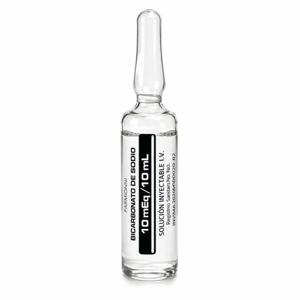 Bicarbonato de Sodio Solución Inyectable 10 mEq / 10 mL alcalinizante para acidosis metabólica y paro cardiorrespiratorio — Marca Farmionni, caja x 10 ampollas