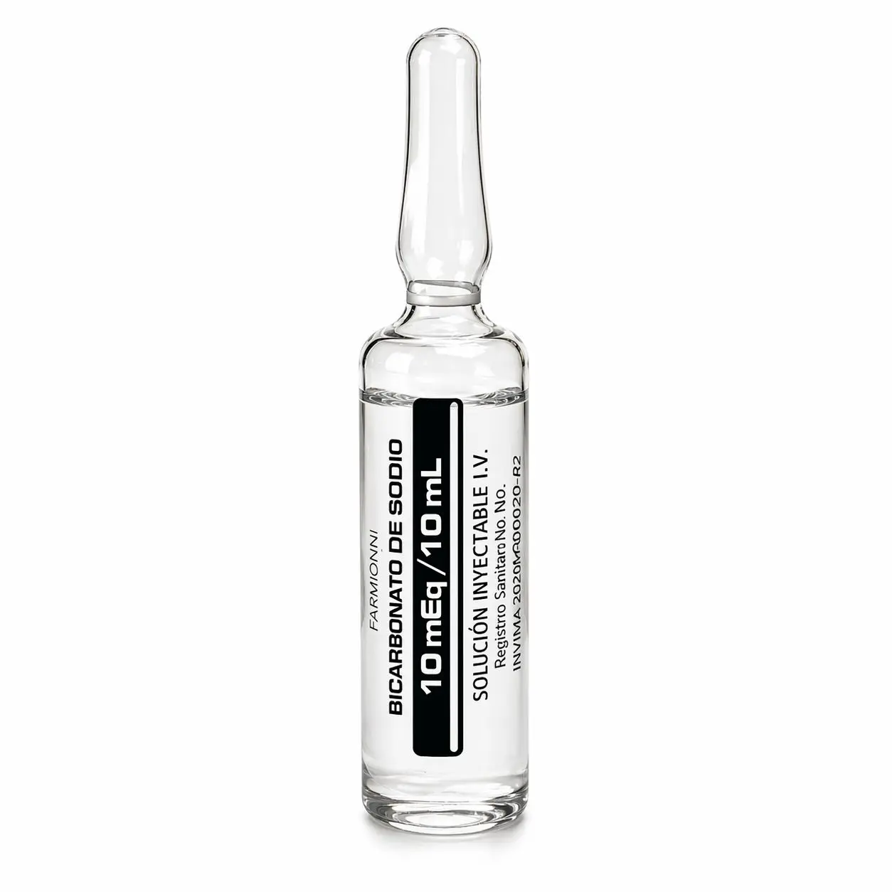 Bicarbonato de Sodio Solución Inyectable 10 mEq / 10 mL alcalinizante para acidosis metabólica y paro cardiorrespiratorio — Marca Farmionni, caja x 10 ampollas