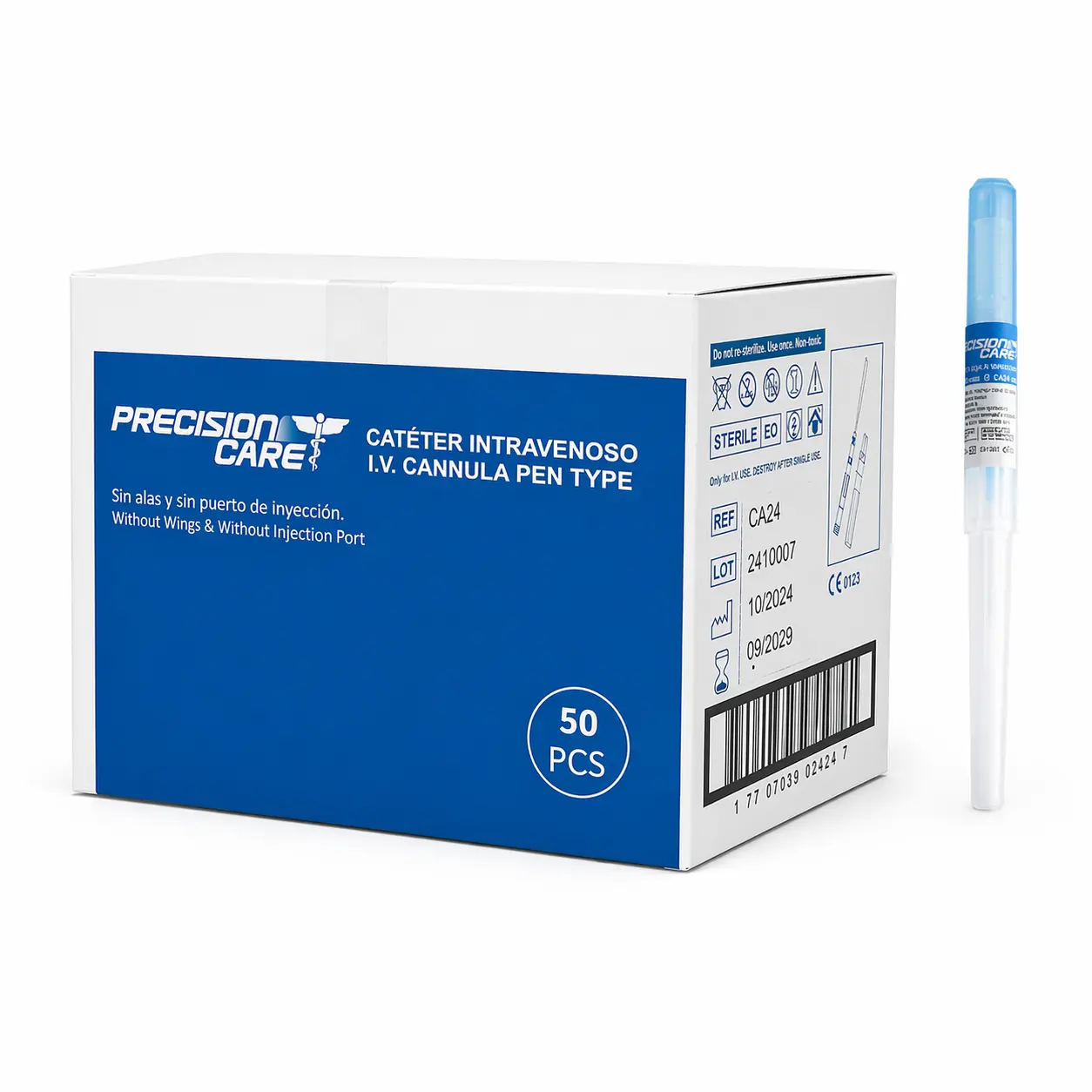 Catéter Intravenoso Periférico 22G Azul con cámara de flashback y puerto lateral para acceso venoso en adultos mayores y venas frágiles