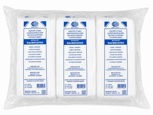 EQUIPO DE MACROGOTEO 15 GOTAS X 25 UDS ZJ Equipo de Macrogoteo Venoclisis con Bulbo de Presión 15 Gotas/mL conexión Luer Slip para hidratación IV y antibióticos en hospitalización — Marca Ziboject, paquete x 25 unidades estériles