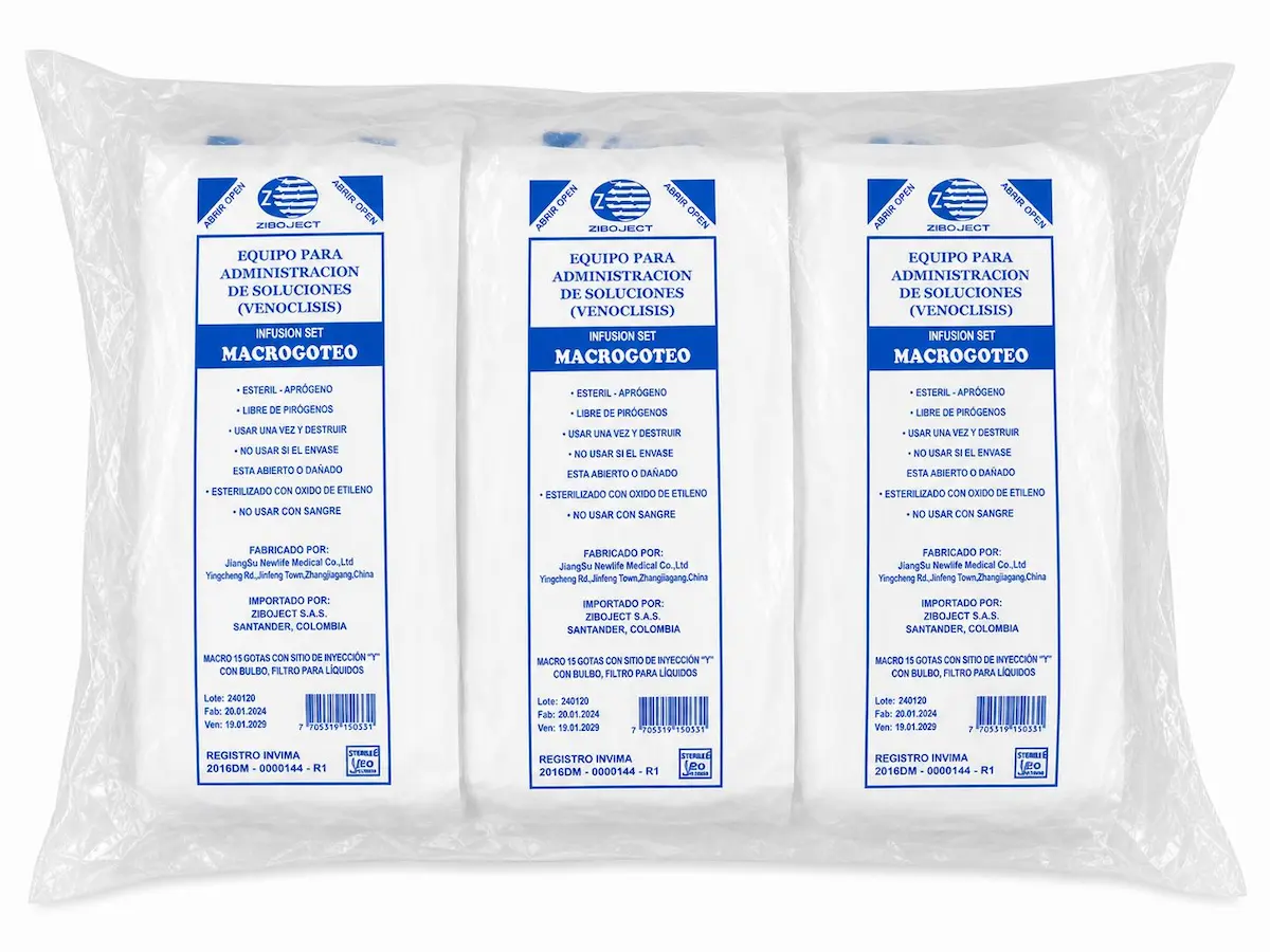 Equipo de Macrogoteo Venoclisis con Bulbo de Presión 15 Gotas/mL conexión Luer Slip para hidratación IV y antibióticos en hospitalización — Marca Ziboject, paquete x 25 unidades estériles